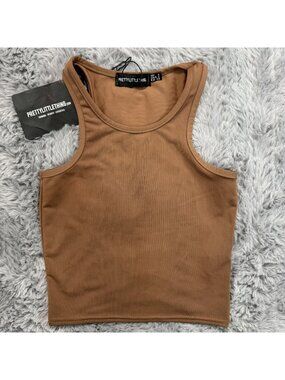 Pretty Little Thing Womens XXS (2) Brown Sleeveless Crop Tank Top Stretchy New